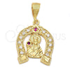 Oro Laminado Religious Pendant, Gold Filled Style Santa Barbara Design, with Ruby and White Cubic Zirconia, Polished, Golden Finish, 5.187.011