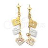 Oro Laminado Long Earring, Gold Filled Style Heart Design, Diamond Cutting Finish, Tricolor, 85.003