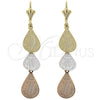 Oro Laminado Chandelier Earring, Gold Filled Style Flower Design, Diamond Cutting Finish, Tricolor, 66.007