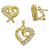 Oro Laminado Earring and Pendant Adult Set, Gold Filled Style Heart Design, with White Cubic Zirconia, Polished, Golden Finish, 5.054.001