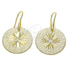Oro Laminado Dangle Earring, Gold Filled Style Flower and Sun Design, Diamond Cutting Finish, Golden Finish, 5.092.003