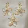 Oro Laminado Earring and Pendant Adult Set, Gold Filled Style Flower Design, Polished, Tricolor, 5.045.006