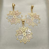 Oro Laminado Earring and Pendant Adult Set, Gold Filled Style Flower Design, Polished, Tricolor, 5.050.002