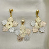 Oro Laminado Earring and Pendant Adult Set, Gold Filled Style Flower Design, Polished, Tricolor, 5.048.007