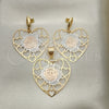 Oro Laminado Earring and Pendant Adult Set, Gold Filled Style Heart Design, Polished, Tricolor, 5.042.005