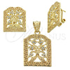 Oro Laminado Earring and Pendant Adult Set, Gold Filled Style Flower Design, with White Crystal, Polished, Golden Finish, 5.046.010