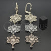 Oro Laminado Long Earring, Gold Filled Style Flower Design, with White Cubic Zirconia, Diamond Cutting Finish, Tricolor, 5.077.006