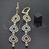 Oro Laminado Long Earring, Gold Filled Style Filigree Design, with White Cubic Zirconia, Diamond Cutting Finish, Tricolor, 5.069.009