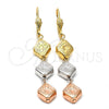 Oro Laminado Long Earring, Gold Filled Style Flower Design, Diamond Cutting Finish, Tricolor, 5.095.017