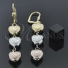 Oro Laminado Long Earring, Gold Filled Style Heart Design, Diamond Cutting Finish, Tricolor, 5.063.009