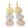 Oro Laminado Long Earring, Gold Filled Style Flower Design, Diamond Cutting Finish, Tricolor, 5.063.010