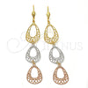 Oro Laminado Long Earring, Gold Filled Style Teardrop and Heart Design, Matte Finish, Tricolor, 5.065.001
