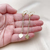 Oro Laminado Long Earring, Gold Filled Style Heart Design, with White Crystal, Diamond Cutting Finish, Golden Finish, 5.084.010