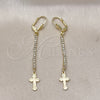 Oro Laminado Long Earring, Gold Filled Style Cross Design, with White Crystal, Diamond Cutting Finish, Golden Finish, 5.084.015