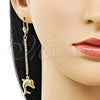 Oro Laminado Long Earring, Gold Filled Style Dolphin Design, with White Crystal, Polished, Golden Finish, 5.100.014