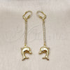 Oro Laminado Long Earring, Gold Filled Style Dolphin Design, with White Crystal, Polished, Golden Finish, 5.100.014