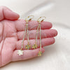 Oro Laminado Long Earring, Gold Filled Style Flower Design, with White Crystal, Diamond Cutting Finish, Golden Finish, 5.081.006