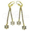 Oro Laminado Long Earring, Gold Filled Style Flower Design, with White Crystal, Diamond Cutting Finish, Golden Finish, 5.081.006