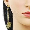 Oro Laminado Long Earring, Gold Filled Style Flower Design, with White Crystal, Diamond Cutting Finish, Golden Finish, 5.075.002.1