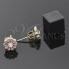 Oro Laminado Stud Earring, Gold Filled Style Flower Design, with White Crystal, Pink Enamel Finish, Golden Finish, 02.64.0225
