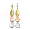 Oro Laminado Long Earring, Gold Filled Style Teardrop Design, Diamond Cutting Finish, Tricolor, 02.63.2144