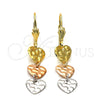 Oro Laminado Long Earring, Gold Filled Style Heart Design, Diamond Cutting Finish, Tricolor, 02.63.2145