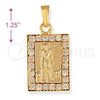 Oro Laminado Religious Pendant, Gold Filled Style San Lazaro Design, with White Cubic Zirconia, Polished, Golden Finish, 5.198.012