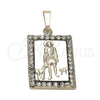Oro Laminado Religious Pendant, Gold Filled Style San Lazaro Design, with White Cubic Zirconia, Polished, Golden Finish, 5.198.012