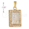 Oro Laminado Religious Pendant, Gold Filled Style San Lazaro Design, with White Cubic Zirconia, Polished, Two Tone, 5.198.018