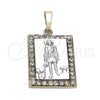 Oro Laminado Religious Pendant, Gold Filled Style San Lazaro Design, with White Cubic Zirconia, Polished, Two Tone, 5.198.018