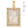 Oro Laminado Religious Pendant, Gold Filled Style Sagrado Corazon de Maria Design, with White Cubic Zirconia, Polished, Two Tone, 5.198.029