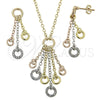Oro Laminado Necklace and Earring, Gold Filled Style with White Crystal, Polished, Tricolor, 06.91.0026