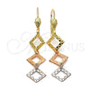 Oro Laminado Long Earring, Gold Filled Style Diamond Cutting Finish, Tricolor, 02.63.2165