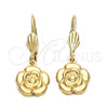 Oro Laminado Dangle Earring, Gold Filled Style Flower Design, Diamond Cutting Finish, Golden Finish, 5.108.015