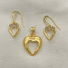 Oro Laminado Earring and Pendant Adult Set, Gold Filled Style Heart Design, with White Crystal, Polished, Golden Finish, 10.59.0109