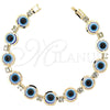 Oro Laminado Fancy Bracelet, Gold Filled Style Evil Eye Design, with White Cubic Zirconia, Blue Resin Finish, Golden Finish, 03.151.0002 (7 Inches Length)
