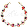 Oro Laminado Fancy Bracelet, Gold Filled Style Evil Eye Design, with White Cubic Zirconia, Red Resin Finish, Golden Finish, 03.151.0003 (7 Inches Length)
