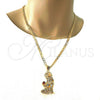 Oro Laminado Religious Pendant, Gold Filled Style San Lazaro Design, with White and Garnet Cubic Zirconia, Polished, Golden Finish, 05.120.0037