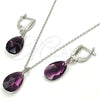 Sterling Silver Earring and Pendant Adult Set, Teardrop Design, with Amethyst Swarovski Crystals, Polished, Rhodium Finish, 10.281.0023