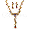 Oro Laminado Necklace and Earring, Gold Filled Style Flower and Leaf Design, with Multicolor Cubic Zirconia, Polished, Golden Finish, 06.205.0002.1