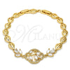 Oro Laminado Fancy Bracelet, Gold Filled Style Flower and Leaf Design, with White Cubic Zirconia, Polished, Golden Finish, 03.205.0033.07 (07 MM Thickness, 7 Inches Length)