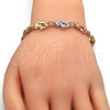 Oro Laminado Fancy Bracelet, Gold Filled Style Dolphin and Heart Design, Polished, Tricolor, 03.63.1885.1.07 (07 MM Thickness, 7 Inches Length)