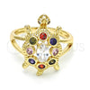 Oro Laminado Multi Stone Ring, Gold Filled Style Turtle Design, with Multicolor Cubic Zirconia, Polished, Golden Finish, 01.210.0066.1.07 (Size 7)