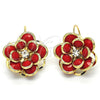 Oro Laminado Leverback Earring, Gold Filled Style Flower Design, with Garnet and White Crystal, Polished, Golden Finish, 02.64.0640.2