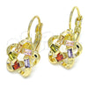 Oro Laminado Leverback Earring, Gold Filled Style Flower and Baguette Design, with Multicolor Cubic Zirconia, Polished, Golden Finish, 02.210.0214.1