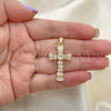 Oro Laminado Religious Pendant, Gold Filled Style Cross and Baguette Design, with White Cubic Zirconia, Polished, Golden Finish, 05.316.0002
