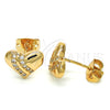 Oro Laminado Stud Earring, Gold Filled Style Heart Design, with White Micro Pave, Polished, Golden Finish, 02.213.0143