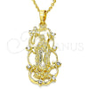 Oro Laminado Religious Pendant, Gold Filled Style Guadalupe and Cross Design, with White Cubic Zirconia, Polished, Golden Finish, 05.213.0058