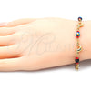 Oro Laminado Fancy Bracelet, Gold Filled Style Dolphin and Figaro Design, with Black and Orange Red Azavache, Polished, Golden Finish, 03.32.0224.07 (7 Inches Length)