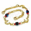 Oro Laminado Fancy Bracelet, Gold Filled Style Dolphin and Figaro Design, with Black and Orange Red Azavache, Polished, Golden Finish, 03.32.0224.07 (7 Inches Length)